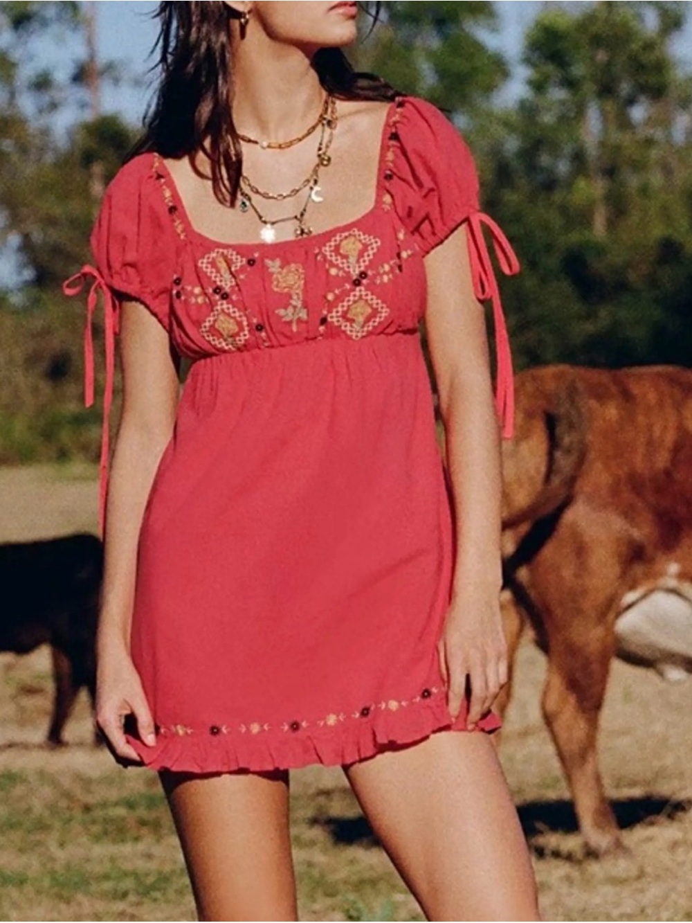 Kimchi Blue Red Embroidered Puff-Sleeve Mini Dress